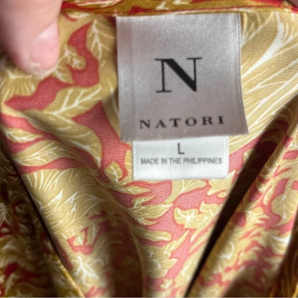 Natori Georgette Zip Front Caftan Kimono Red Gold Paisley Comfort — Large - Picture 11 of 12